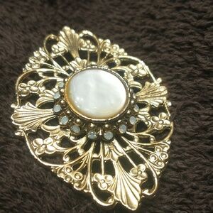 Mother of pearl, abalone, rhinestone, brooch.
